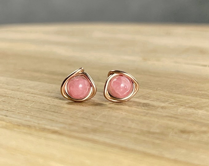 Natural Pink Rhodochrosite Stud Earrings. Eternity Knot Roses Style. Sterling Silver. 14K Gold / Rose Gold Filled. Incl Gift Box Wrapping.