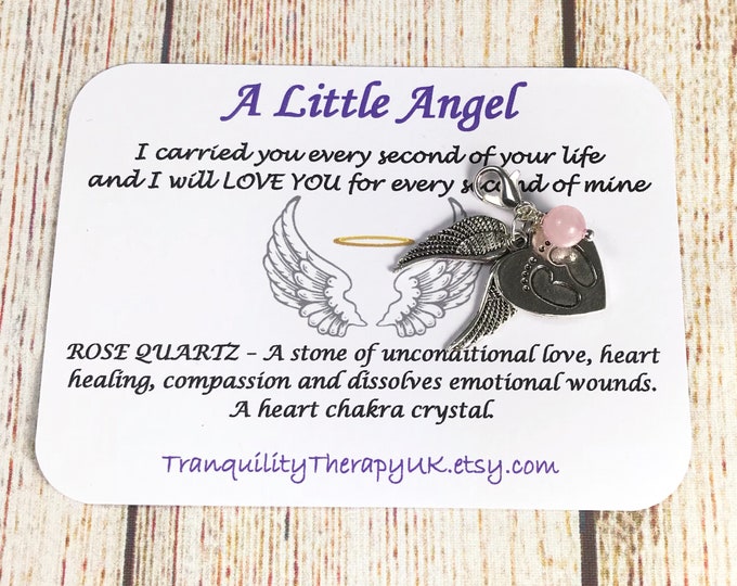 Rose Quartz Remembrance Angel Wings Clip Charm. Baby Loss. Sympathy Gift. Condolence Gift. Grief. Heart Chakra. Baby Feet Heart Charm.