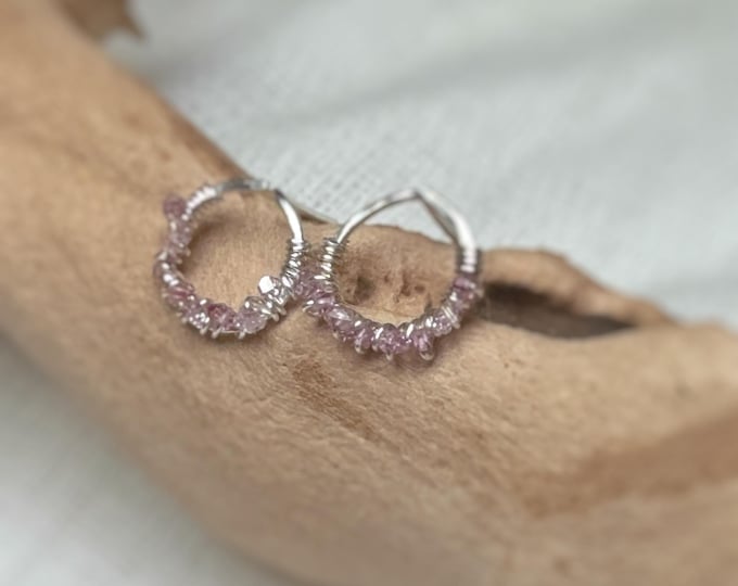 Pink Diamond Hoop Earrings – Raw Pink Herkimer Quartz Halo Earrings, April Birthstone, Handmade Jewellery,Choice of Birthstones and Crystals