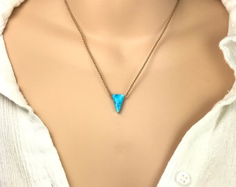 Turquoise Triangle Necklace: Raw Gemstone Silk Cord Floating Pendant