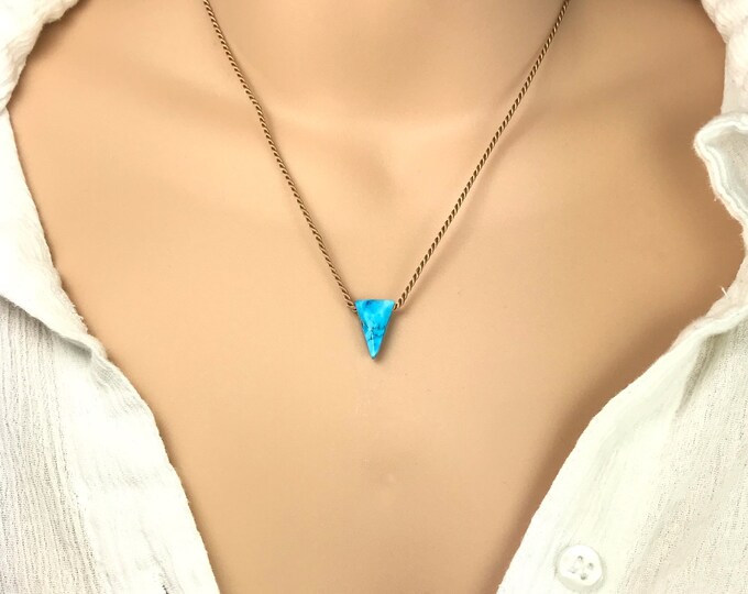 Turquoise Necklace. Geometric Triangle Floating Necklace. Natural Strong Silk Cords. Gift Box & Info Card. Choice of Birthstones. December
