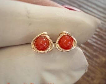 Red Coral Stud Earrings: 14K Gold Filled Sterling Silver, 6-7mm
