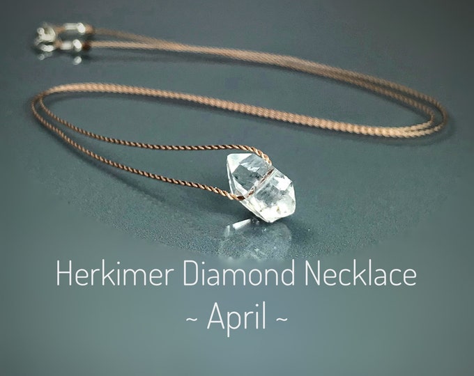 Raw Herkimer Diamond Necklace. Floating Necklace. Lightweight Silk Necklace.  Birthstone Gifts. Incl Gift Box, Info Card & Ribbon Wrapping
