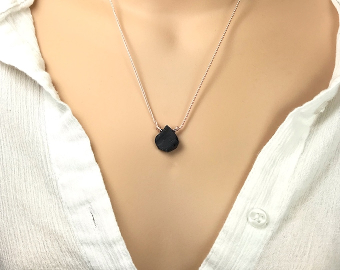 Raw Black Tourmaline Teardrop Necklace: Natural Silk Cord, Adjustable Length
