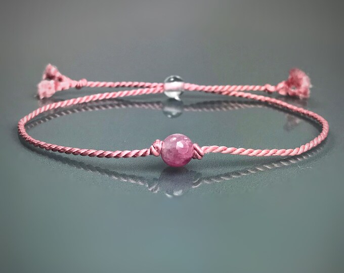 Pink Tourmaline Bracelet. 100% Natural Silk. Pink Tourmaline Jewelry. October Birthstone. Birthday Wish Card. Thank You Card. Wish Bracelet.