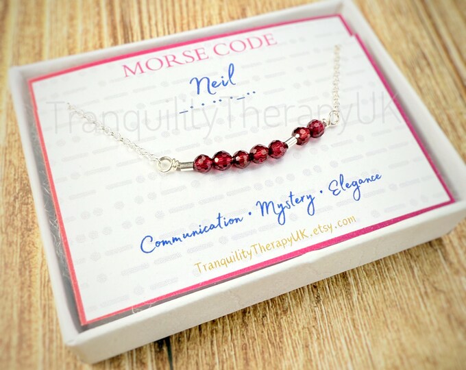 Morse Code Gemstone Necklace Personalised Birthstone Gifts. Incl Translation Card & Gift Box with Ribbon Wrapping. Sterling Silver 18K Gold