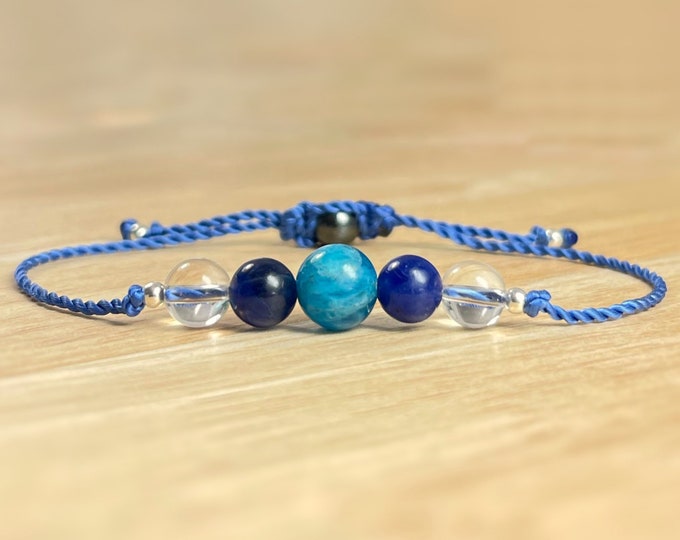 Motivation, Energy, Focus, Intention Bracelet. Bring Courage. Throat Chakra. Blue Apatite, Sodalite & Rock Quartz Bracelet. Clear Thinking.