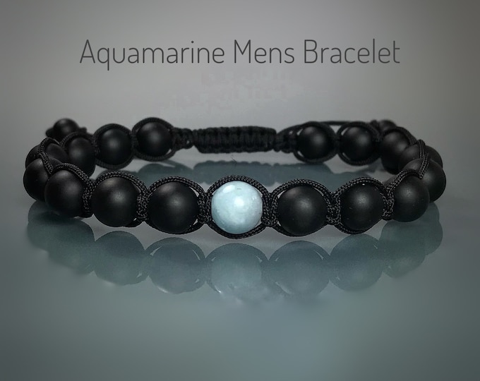 Aquamarine Mens Bracelet: Black Onyx Shamballa Style, Birthstone Jewelry