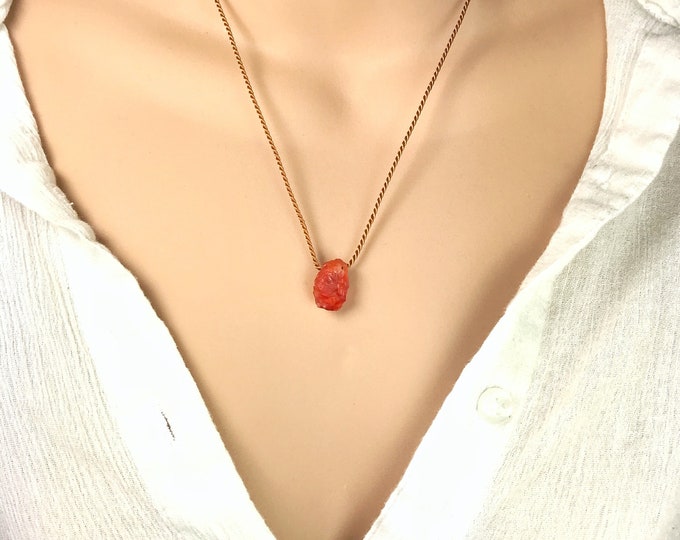 Raw Carnelian Necklace: Silk Floating Gemstone, Adjustable Birthstone