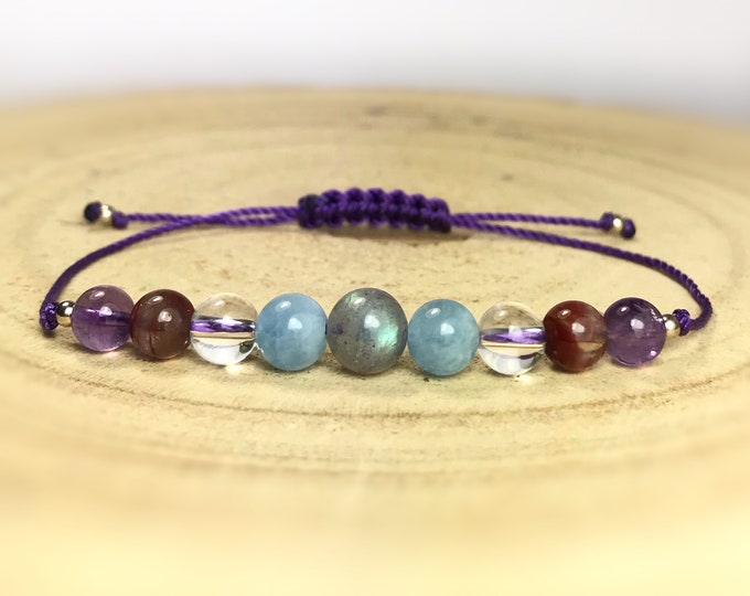 Third Eye Meditation Bracelet. Relaxation Bracelet. Yoga. Calming. Mind Focus. Amethyst, Clear Quartz, Aquamarine & Labradorite. Auralite 23