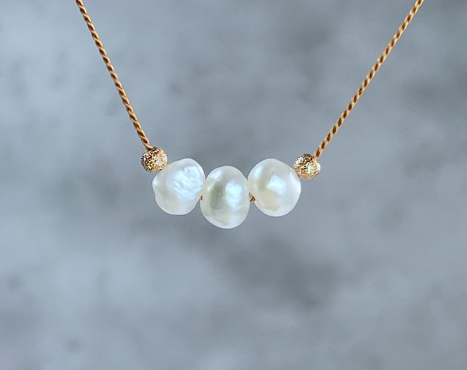 Pearl Necklace. Freshwater Pearl Floating Necklace. Lightweight Natural Silk. June Birthstone Gifts. Incl Gift Box, Info Card & Ribbon Wrap