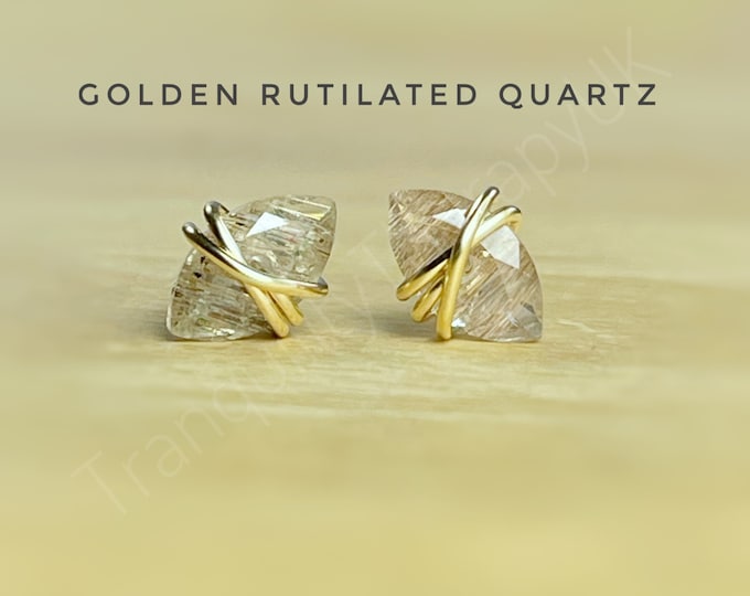 Golden Rutilated Quartz Stud Earrings.  Rutile Quartz Earrings. Sterling Silver. 14K Gold/Rose Gold Filled. Incl Gift Box & Card.