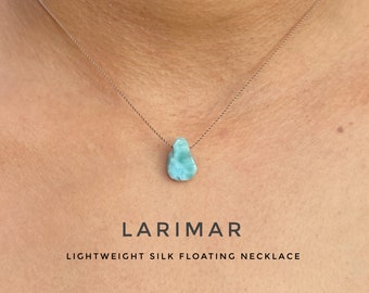 Larimar Necklace. Genuine Raw Larimar Floating Necklace. Lightweight Silk Necklace. Birthstone Gifts. Incl Gift Box, Info Card & Ribbon Wrap