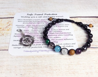 Gemstone Travel Protection Bracelet with Compass Charm