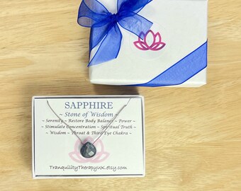 Raw Sapphire Necklace. Heart Briollette Teardrop Necklace. Silk Floating Necklace. Gift Box & Info Card. Choice of Birthstones.