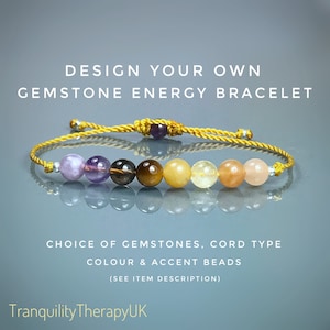 May include: A yellow cord bracelet with seven gemstone beads. The beads are amethyst, smoky quartz, tiger's eye, citrine, clear quartz, sunstone, and rose quartz.  DESIGN YOUR OWN GEMSTONE ENERGY BRACELET. CHOICE OF GEMSTONES, CORD TYPE COLOUR & ACCENT BEADS (SEE ITEM DESCRIPTION) TranquilityTherapyUK