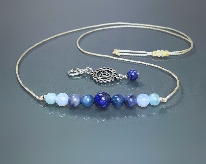 Throat Chakra Necklace. 100% Natural Silk Cord. Voice of the Body. High Vibrational Energy. Aquamarine. Lapis. Kyanite. Blue Lace. Blue