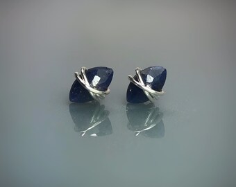 Dark Blue Sapphire Stud Earrings. Sterling Silver. 14K Gold/Rose Gold Filled. Includes Gift Box & Card. September Birthstone.