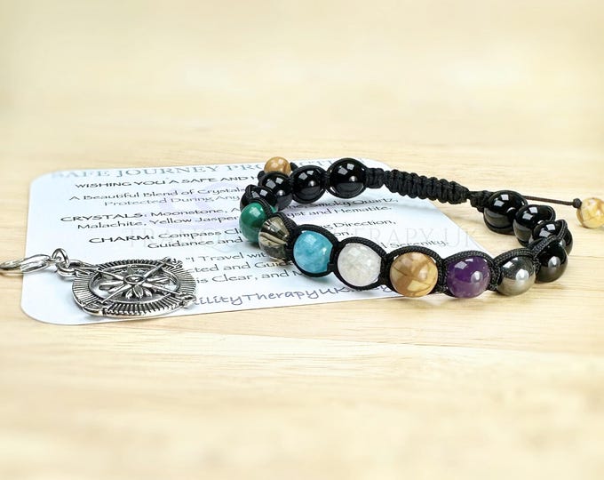 Travel Gemstone Bracelet: Hematite, Amethyst, Compass Charm