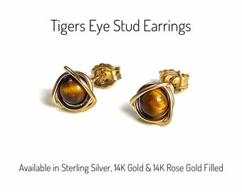 Tigers Eye Stud Earrings: Sterling Silver, Gold, Rose Gold Filled