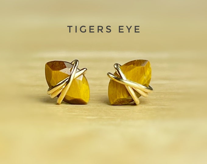 Tigers Eye Stud Earrings. Tigers Eye Earrings. Sterling Silver. 14K Gold/Rose Gold Filled. Includes Gift Box & Card. Tigers Eye Jewelry.