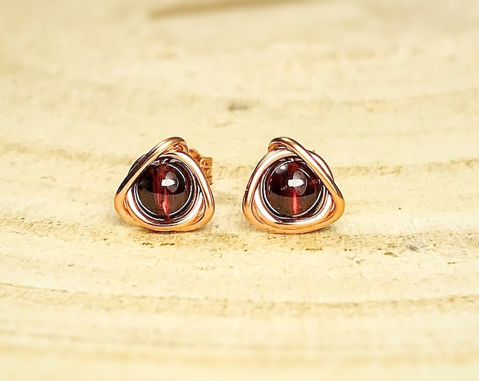 Garnet Stud Earrings: Sterling Silver Eternity Knot, January Birthstone