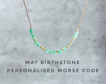 Personalised Morse Code Emerald Necklace. Floating Necklace. May Birthstone Gifts. Includes Presentation Card, Morse Code Card & Ribbon Wrap