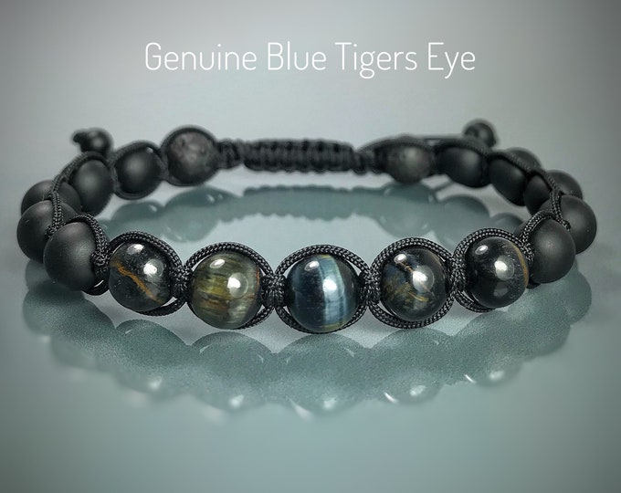 Genuine Blue Tigers Eye Mens Bracelet. Birthstones. Mens Yoga Bracelet. Mens Mala. Throat Chakra. Stone of Courage. Incl Gift Wrapping.