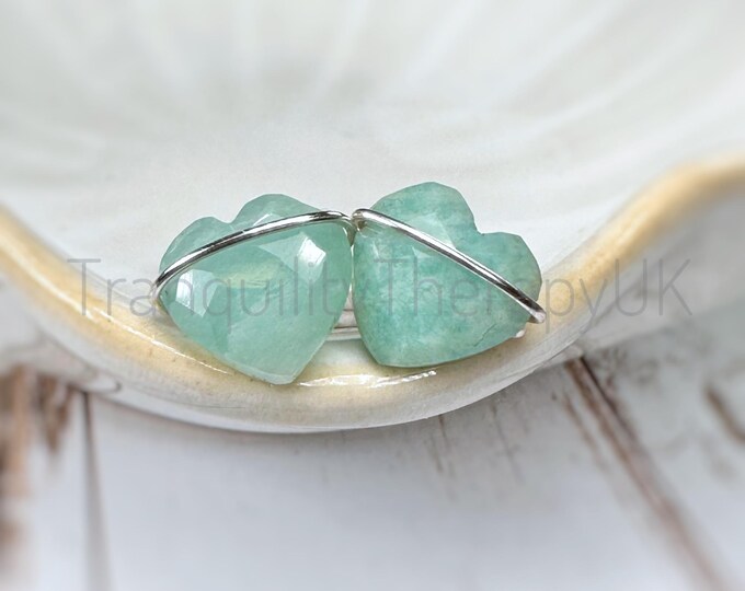 Amazonite Heart Stud Earrings: Sterling Silver, Gift Box Included