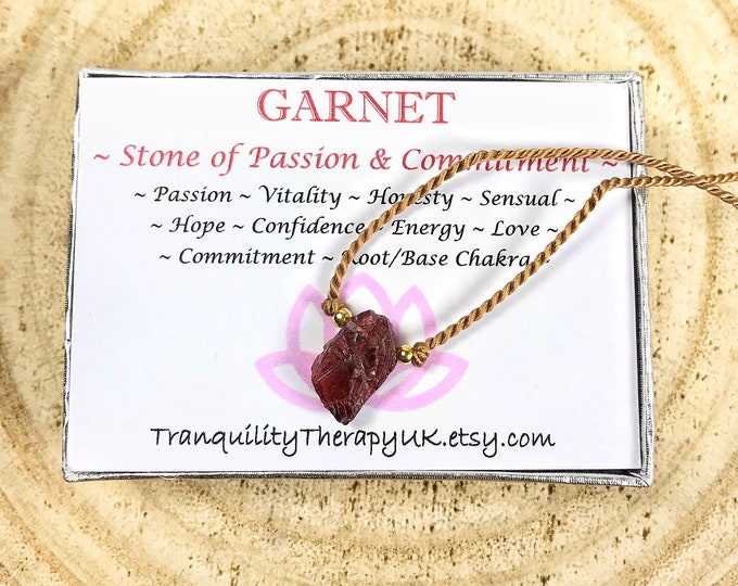 Raw Garnet Necklace. Pure Natural Silk Strong Silk Cords. Necklace. January Birthstone. Incl Gift Box & Info Card. Capricorn Gifts. Dark Red