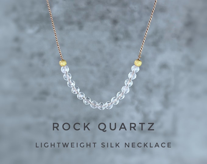 Rock Quartz Necklace. Floating Necklace. Lightweight Natural Silk. April Birthstone Gifts. Incl Gift Box, Info Card & Ribbon Wrapping.