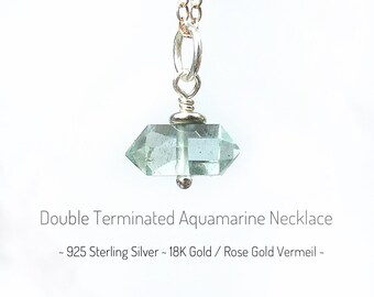 Aquamarine Necklace. Double Terminated AAAA Grade. Sterling Silver, 18K Gold Vermeil, 18K Rose Gold Vermeil. Gift Box & Info Card.