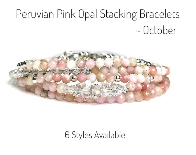 Peruvian Pink Opal Jewelry Stacking Bracelets. October Birthstone. Pink Opal Bracelet. Incl Gift Box & Card. Raw Opal. Gifts for Her.