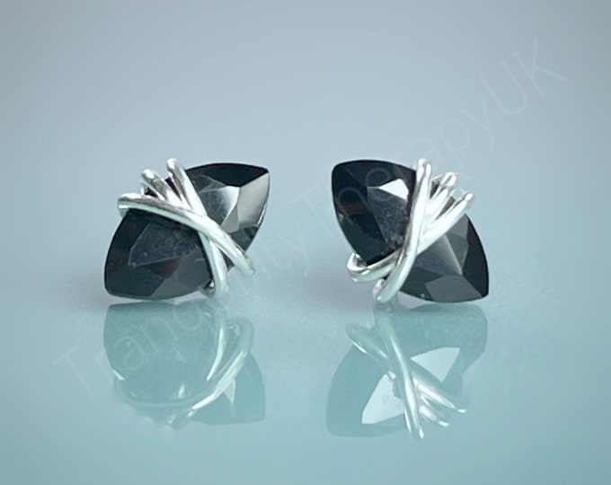 Marquise Black Tourmaline Stud Earrings: Sterling Silver Cross Wrap