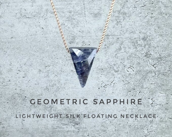 Sapphire Necklace. Geometric Triangle Floating Necklace. Gift Box & Info Card. Choice of Birthstones. September Birthday Gift.