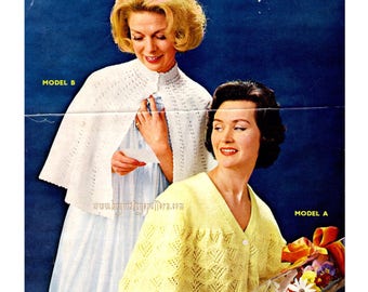 May include: Two women modelling knitted garments. The woman on the left is wearing a white crocheted cape with a button closure. The woman on the right is wearing a yellow crocheted cardigan with a button closure. The text "MODEL B" is in the top left corner of the image. The text "MODEL A" is in the top right corner of the image.