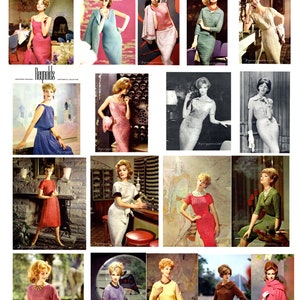 May include: A collage of 12 vintage fashion illustrations featuring women wearing various styles of dresses. The illustrations are in black and white and color, and they showcase different fashion trends from the 1960s.