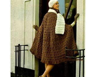 Patrones de crochet para una magnífica capa vintage, bufanda de mohair y sombrero en formato PDF de descarga instantánea.