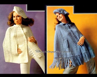 vintage Blue Poncho knitting pattern and White Cape crochet pattern in PDF instant download version , PDF downloadable