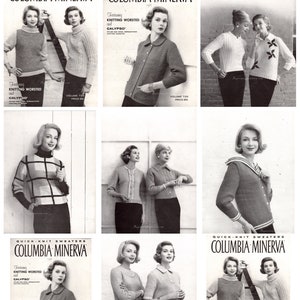 Könnte beinhalten: Ein Vintage-Strickmusterheft von Columbia Minerva mit schnell gestrickten Pullovern. Das Cover zeigt ein Schwarzweißfoto einer Frau, die einen Strickpullover trägt. Der Text auf dem Cover lautet "Quick Knit Sweaters Columbia Minerva Featuring Knitting Worsted and Calypso Volume 729 Price 50 Cents".