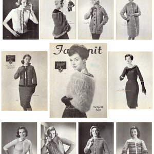 May include: A vintage knitting pattern magazine featuring a variety of knitted garments, including sweaters, cardigans, and a cape. The magazine cover features a woman wearing a fluffy white cape and the text "Fairknit Vol. No. 24 50¢".
