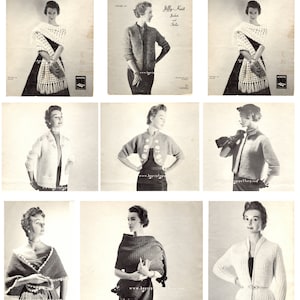 May include: A vintage knitting pattern booklet featuring six different crochet designs for jackets and shawls. The cover features the text "Nomotta" and "Jiffy-Knit Jackets and Shawls".