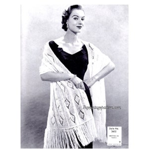 May include: A vintage crochet shawl pattern with a diamond design and fringe. The pattern is for style number 3602 and the directions are on page 8.