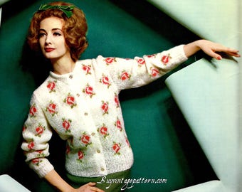 Vintage Field of Rose Jacket Knitting pattern in PDF instant download version , PDF downloadable
