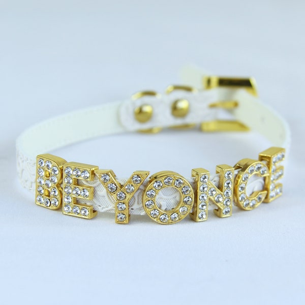 Personalised Fancy Cat Collar in White - Custom Name Collar - Gold Cat Collar - Cat Jewellery - Cat Accessories - Luxury Cat Gift