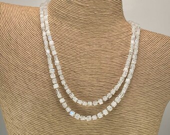 Colar longo de pedra da lua arco-íris, contas cúbicas brancas, contas de prata de lei, pulseira envolvente, joias feitas à mão