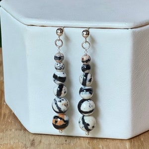 Multicolor Granite, Long Dangle, Beaded Earrings, Black, Brown, White