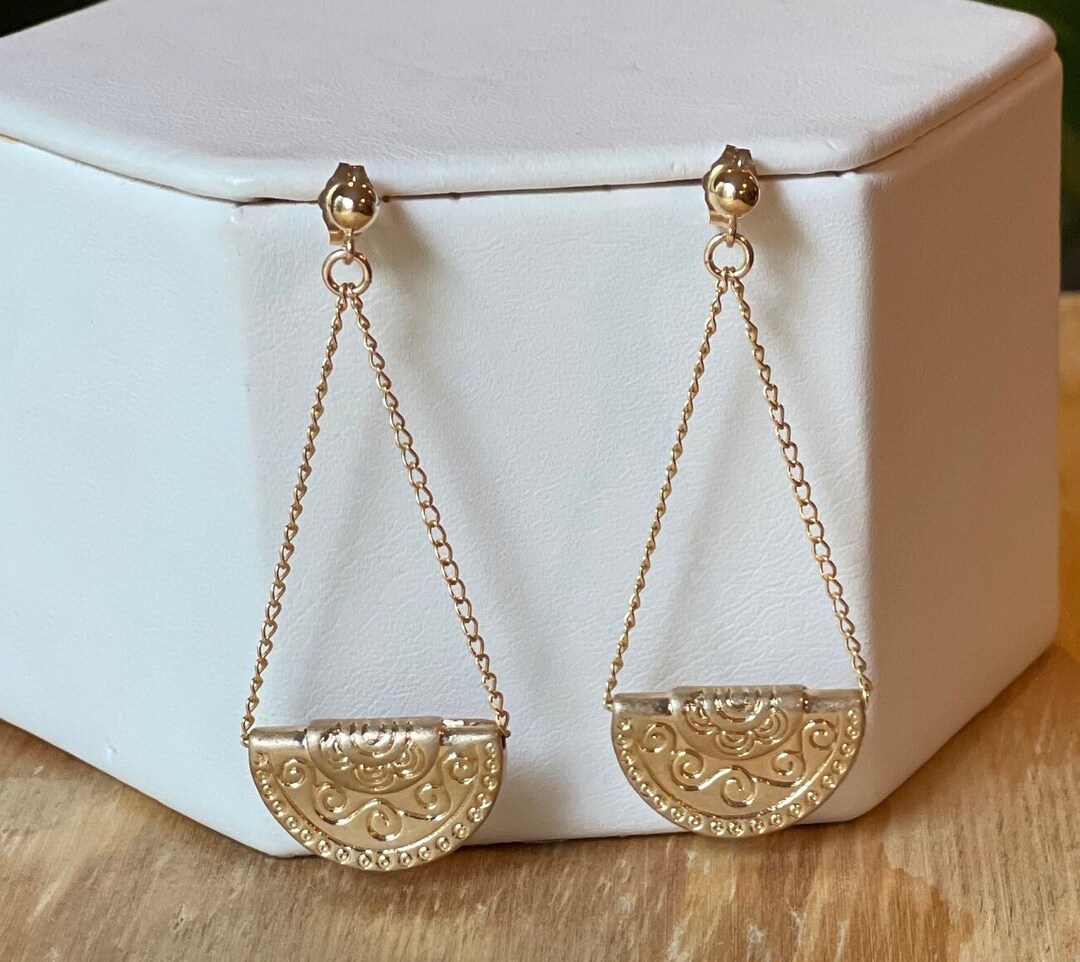 Gold Half Moon, Aztec, Dangle Earrings, Gold Chain. Post Earrings - Etsy