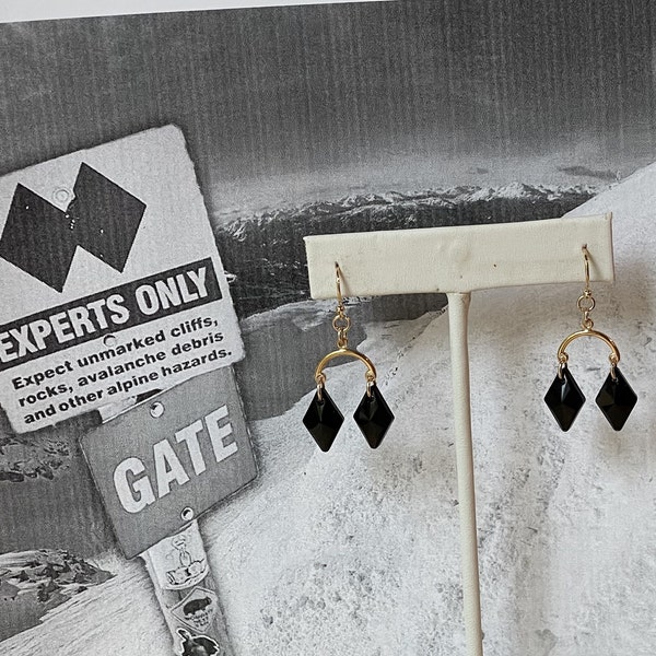 Double Black Diamond, Expert Skier, Crystal Earrings, Ski Jewelry, Apres Ski Earrings, Ski Earrings