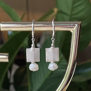 White Pearl, Freshwater Pearl, Silver, Square, Dangle Earrings